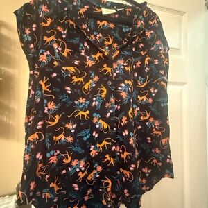 NWOT Maeve Black Short-Sleeve Blouse with Orange Monkey Print